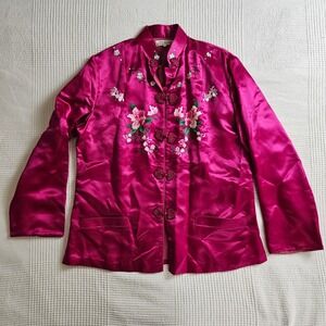 Hand Embroidered Silk Blend Chinese Jacket Shirt Pink Floral Mandarin Womens S